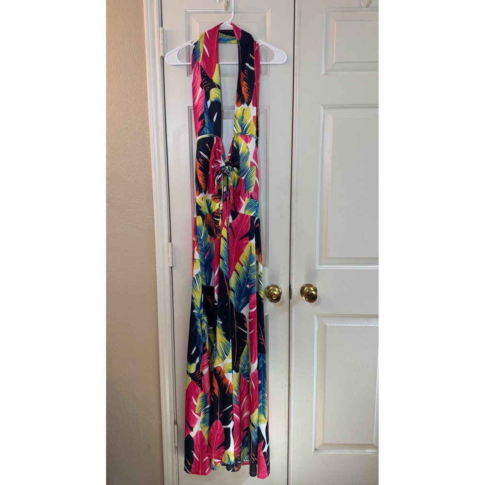 Multi Color Tropical Leaf Halter Top Open Back Long Summer Dress Women's Size 1X